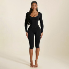 Solid Color Long Sleeve Seventh Jumpsuit+Wrap Chest Top 2 Piece Set  GSZM-C26JP366