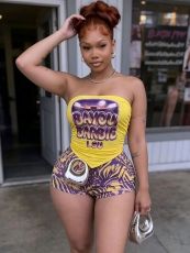 Letter Printed Tube Top Two Piece Short Set GFCF-1588