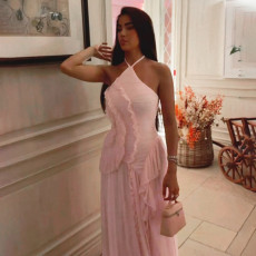 Solid Color Halterneck Tie Up Split Maxi Dress GZJQ-K6D17435A