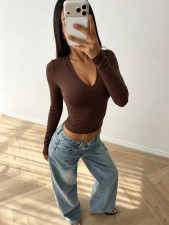 Long Sleeve Deep V Neck T Shirt GXIY-K25L1503