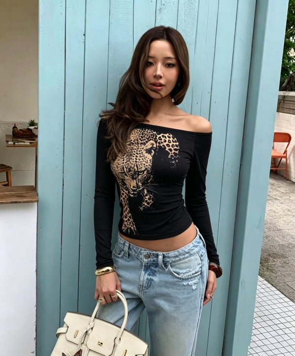 Leopard Prined One Shoulder T Shirt GXIY-K26L2939