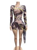 Printed Long Sleeve Mesh Mini Dress(With Headscarf) GFCF-1579