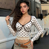 Polka Dot Printed Lace Patchwork T Shirt YWXS-K26L2935