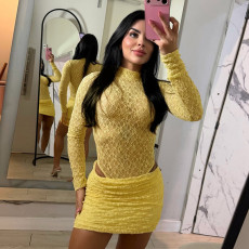 Lace Long Sleeve Bodysuit Mini Skirt 2 Piece Set GDSF-D26ST372