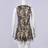 Camouflage Printed Lace Patchwork Two Piece Shorts Set GFRT-60575TBL