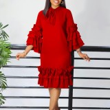 Plus Size Ruffles Flare Sleeve Loose Midi Dress GMLF-D488