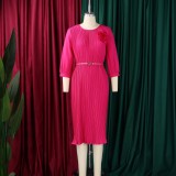 Plus Size Solid Color Tie Up Pleated Midi Dress GMLF-D614