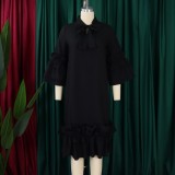 Plus Size Ruffles Flare Sleeve Loose Midi Dress GMLF-D488