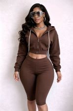 Solid Color Long Sleeve Hooded Seventh Pants 2 Piece Set MEM-88724