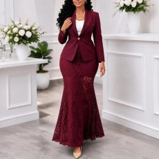 Plus Size Solid Color Long Sleeve Two Piece Skirts Set GMLF-3385