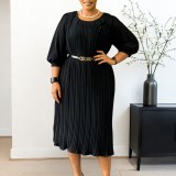 Plus Size Solid Color Tie Up Pleated Midi Dress GMLF-D614