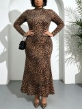 Plus Size Leopard Printed Long Sleeve Maxi Dress GAWE-6792