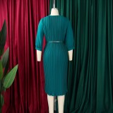 Plus Size Solid Color Tie Up Pleated Midi Dress GMLF-D614