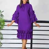 Plus Size Ruffles Flare Sleeve Loose Midi Dress GMLF-D488