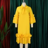 Plus Size Ruffles Flare Sleeve Loose Midi Dress GMLF-D488