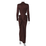 Long Sleeve Hollow Out Ruched Maxi Dress BLG-D5920052A