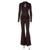 Solid Color Long Sleeve Hollow Out Two Piece Pants Set LJSF-S6622072X