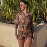 Leoard Printed Mesh Long Sleeve Short 2 Piece Set BLG-S4616695A