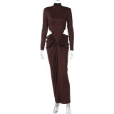 Long Sleeve Hollow Out Ruched Maxi Dress BLG-D5920052A