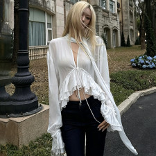 Long Sleeve Tie Up Ruffles Chiffon Blouse LJSF-T6822322X