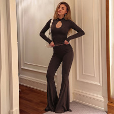 Solid Color Long Sleeve Hollow Out Two Piece Pants Set LJSF-S6622072X