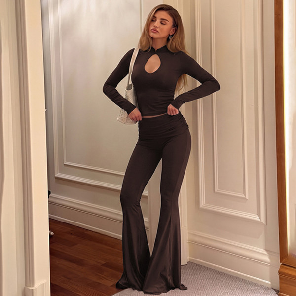 Solid Color Long Sleeve Hollow Out Two Piece Pants Set LJSF-S6622072X