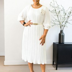 Plus Size Solid Color Tie Up Pleated Midi Dress GMLF-D614
