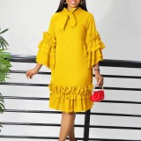 Plus Size Ruffles Flare Sleeve Loose Midi Dress GMLF-D488