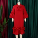 Plus Size Ruffles Flare Sleeve Loose Midi Dress GMLF-D488