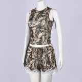 Camouflage Printed Lace Patchwork Two Piece Shorts Set GFRT-60575TBL