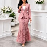 Plus Size Solid Color Long Sleeve Two Piece Skirts Set GMLF-3385