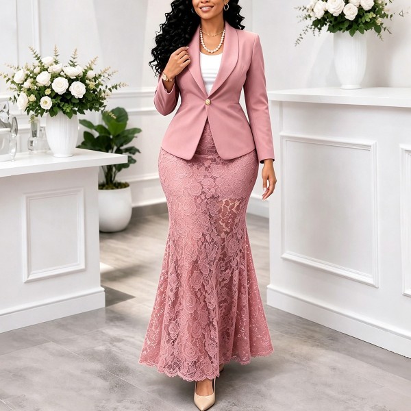 Plus Size Solid Color Long Sleeve Two Piece Skirts Set GMLF-3385