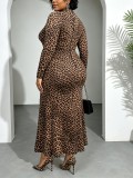 Plus Size Leopard Printed Long Sleeve Maxi Dress GAWE-6792