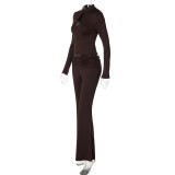 Solid Color Long Sleeve Hollow Out Two Piece Pants Set LJSF-S6622072X