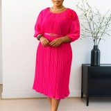 Plus Size Solid Color Tie Up Pleated Midi Dress GMLF-D614