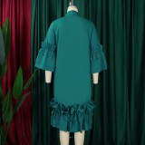 Plus Size Ruffles Flare Sleeve Loose Midi Dress GMLF-D488