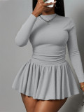 Solid Color Long Sleeve Top Pleated Skirts Suit HNIF-YF193