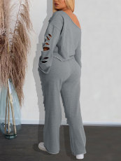 Solid Color Holes Sport Two Piece Pants Set HNIF-HZ6120