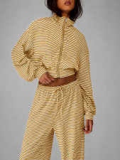 Stripe Stand Collar Top Wide Leg Pants 2 Piece Set HNIF-MC008