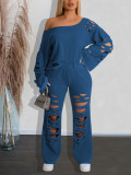 Solid Color Holes Sport Two Piece Pants Set HNIF-HZ6120