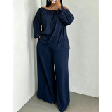 Plus Size Off Shoulder Long Sleeve Wide Leg Pants 2 Piece Set QMZF-11031