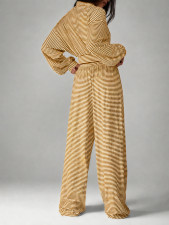 Stripe Stand Collar Top Wide Leg Pants 2 Piece Set HNIF-MC008