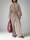 Stripe Stand Collar Top Wide Leg Pants 2 Piece Set HNIF-MC008