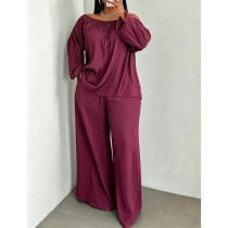 Plus Size Off Shoulder Long Sleeve Wide Leg Pants 2 Piece Set QMZF-11031