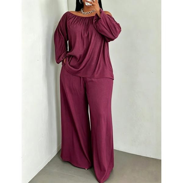 Plus Size Off Shoulder Long Sleeve Wide Leg Pants 2 Piece Set QMZF-11031