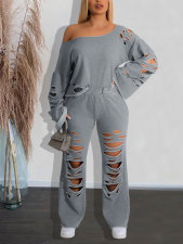Solid Color Holes Sport Two Piece Pants Set HNIF-HZ6120