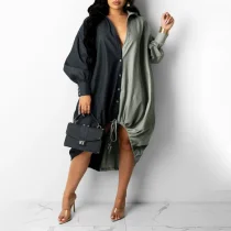 Loose Contrast Color Drawstring Shirt Dress HNIF-YF006
