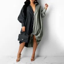Loose Contrast Color Drawstring Shirt Dress HNIF-YF006