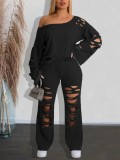 Solid Color Holes Sport Two Piece Pants Set HNIF-HZ6120
