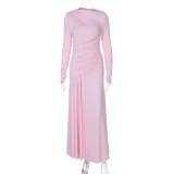 Solid Color Long Sleeve Ruched Maxi Dress BLG-D5519165A